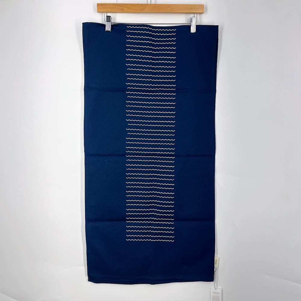 Territory Navy Blue Cotton Table Runner Wavy Line Embroidery 18x35 New